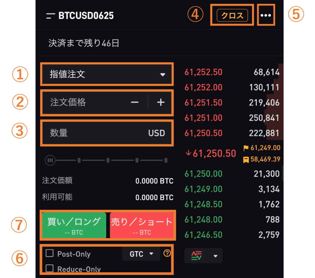 インバース型先物契約の指値・成行注文のやり方【アプリ】